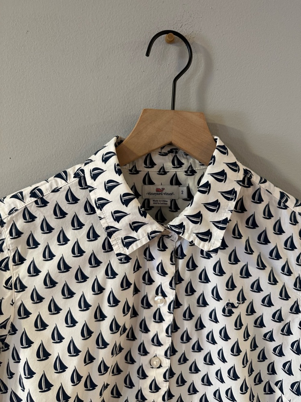 Vineyard Vines White Button-Up Shirt with Navy Sailboat Print - Picture 3 of 5